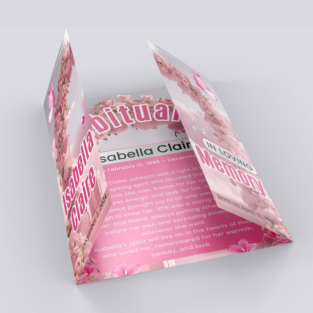 Angel Wings Pink Gatefold Funeral Program, In Loving Memory Template, Memorial Gatefold Program, Celebration of Life Funeral Brochure - Editable Memorial Canva Template