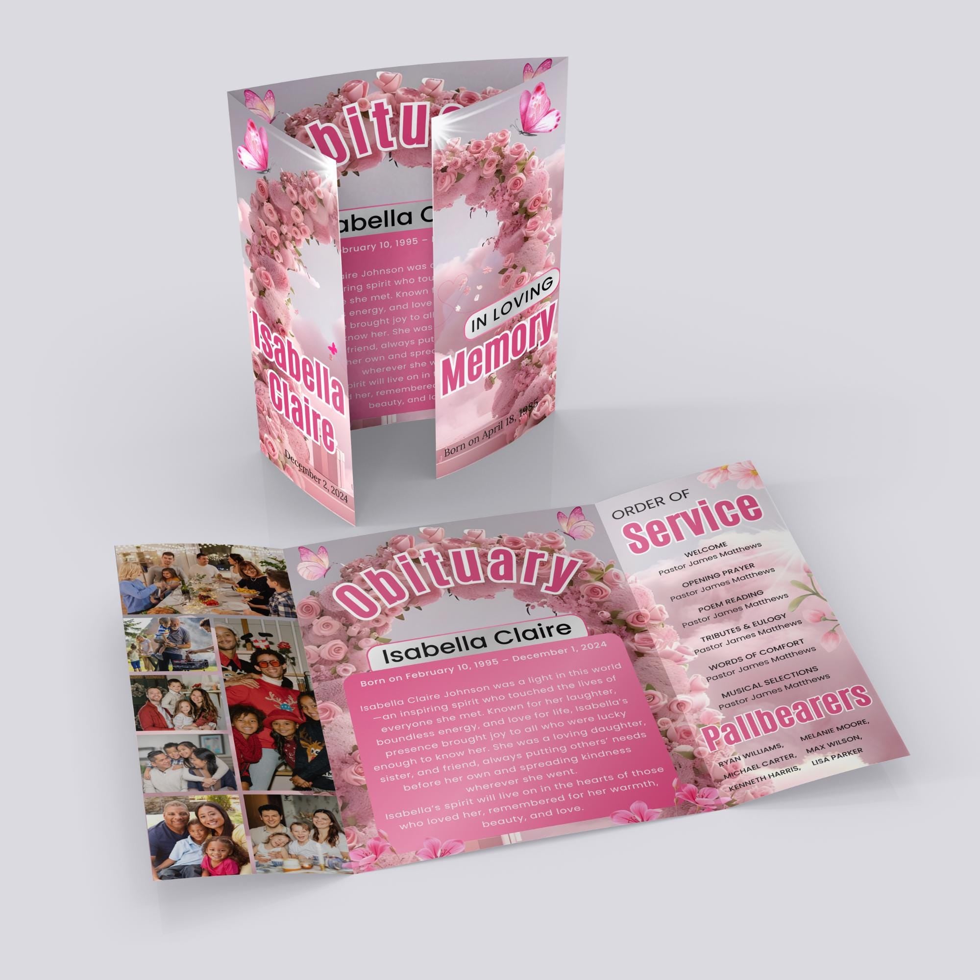Angel Wings Pink Gatefold Funeral Program, In Loving Memory Template, Memorial Gatefold Program, Celebration of Life Funeral Brochure - Editable Memorial Canva Template