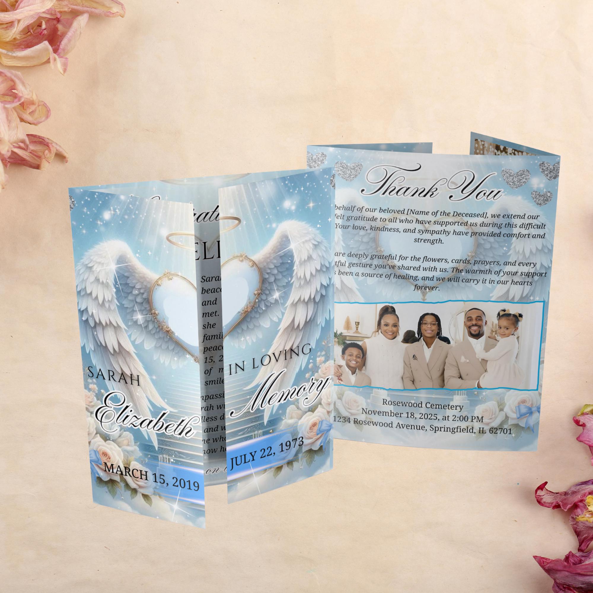 Angel Wings Gatefold Funeral Program, In Loving Memory Canva Template, Memorial Gatefold Program, Celebration of Life Funeral Brochure - Editable Memorial Canva Template