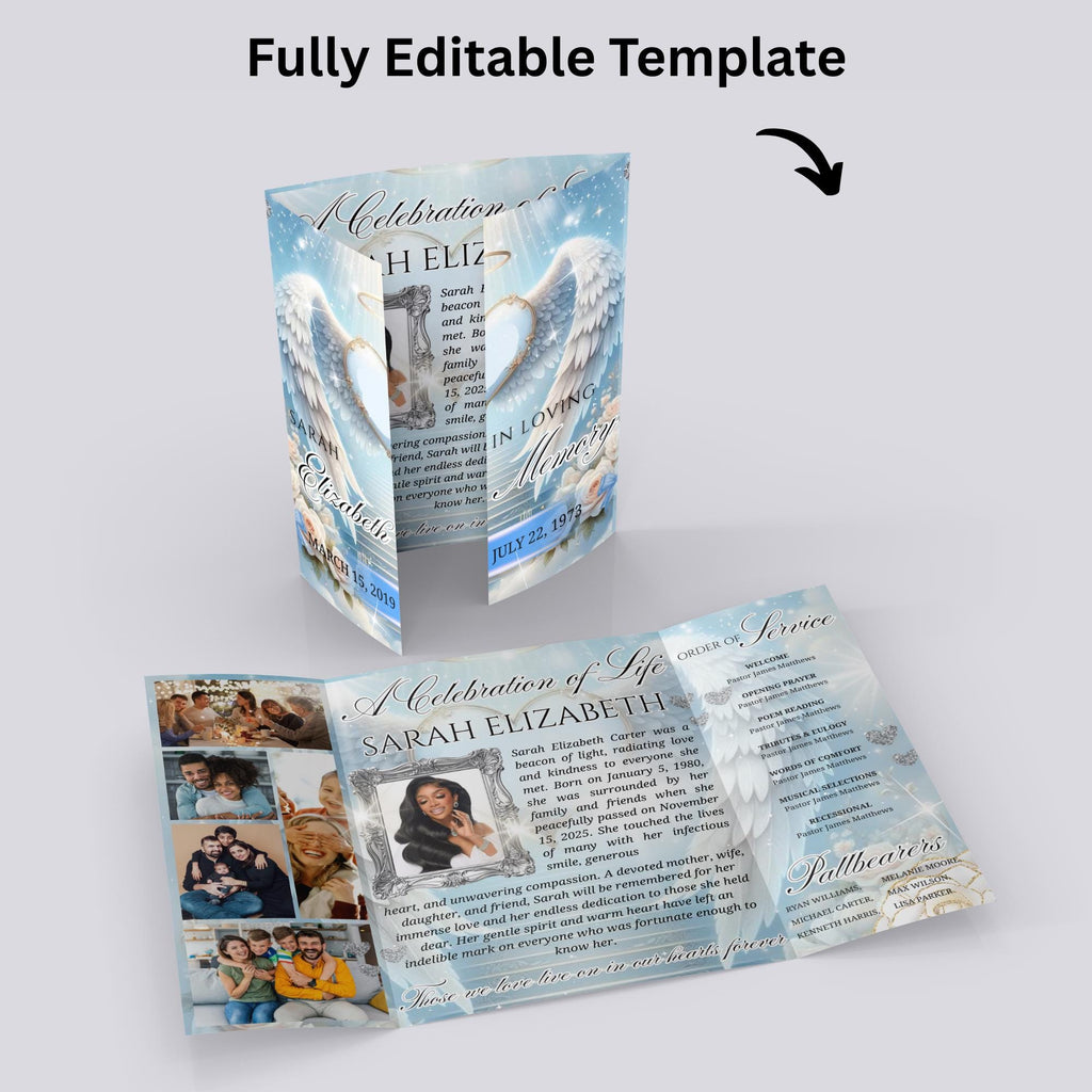 Angel Wings Gatefold Funeral Program, In Loving Memory Canva Template, Memorial Gatefold Program, Celebration of Life Funeral Brochure - Editable Memorial Canva Template