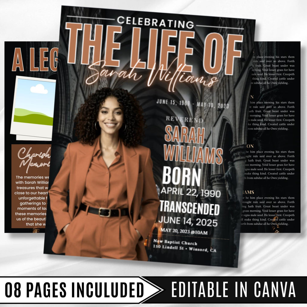 08 Pages Tabloid Black Funeral Program Template, Bi-Fold Funeral Program, In Loving Memory, Obituary Celebration Of Life Program - Editable Memorial Canva Template