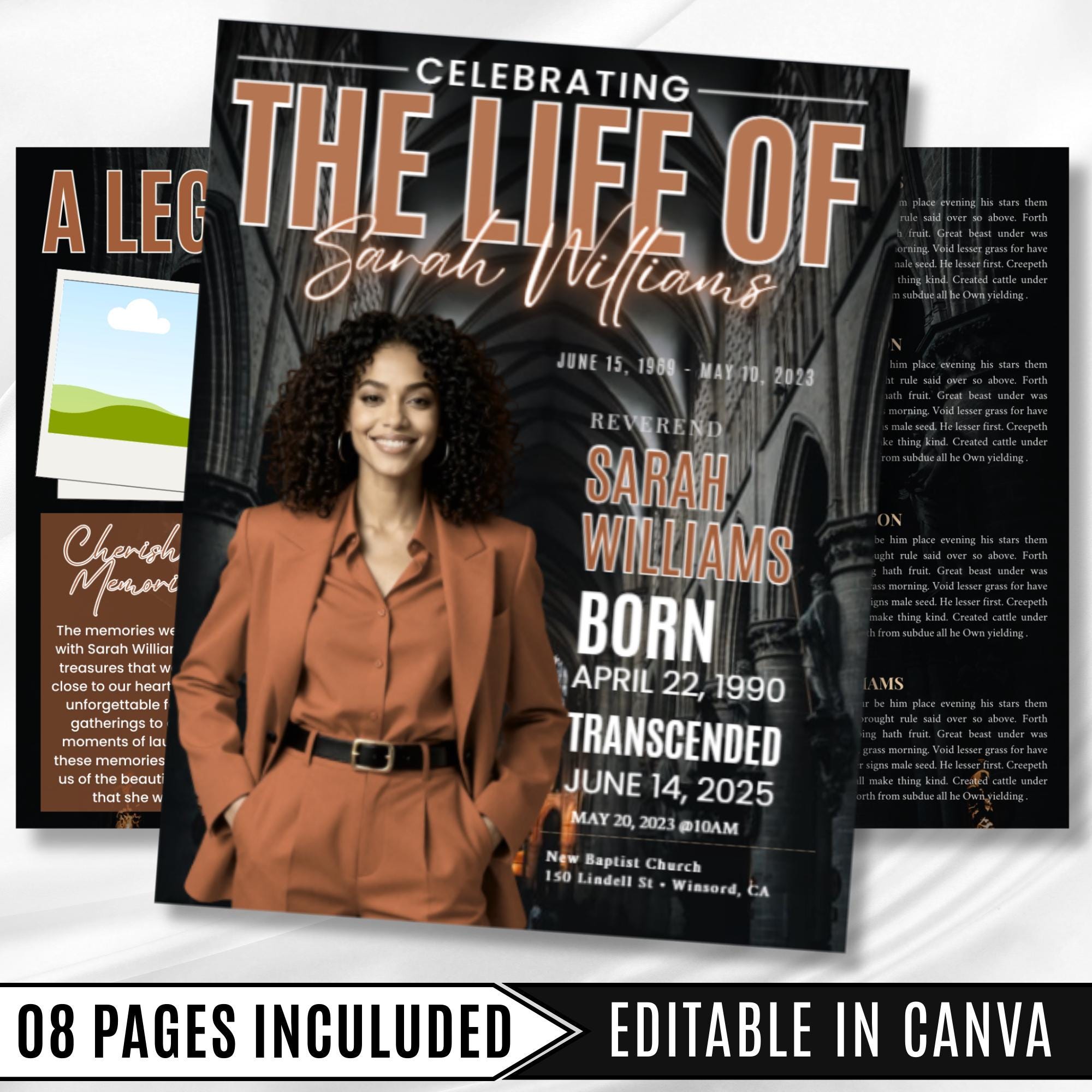 08 Pages Tabloid Black Funeral Program Template, Bi-Fold Funeral Program, In Loving Memory, Obituary Celebration Of Life Program - Editable Memorial Canva Template
