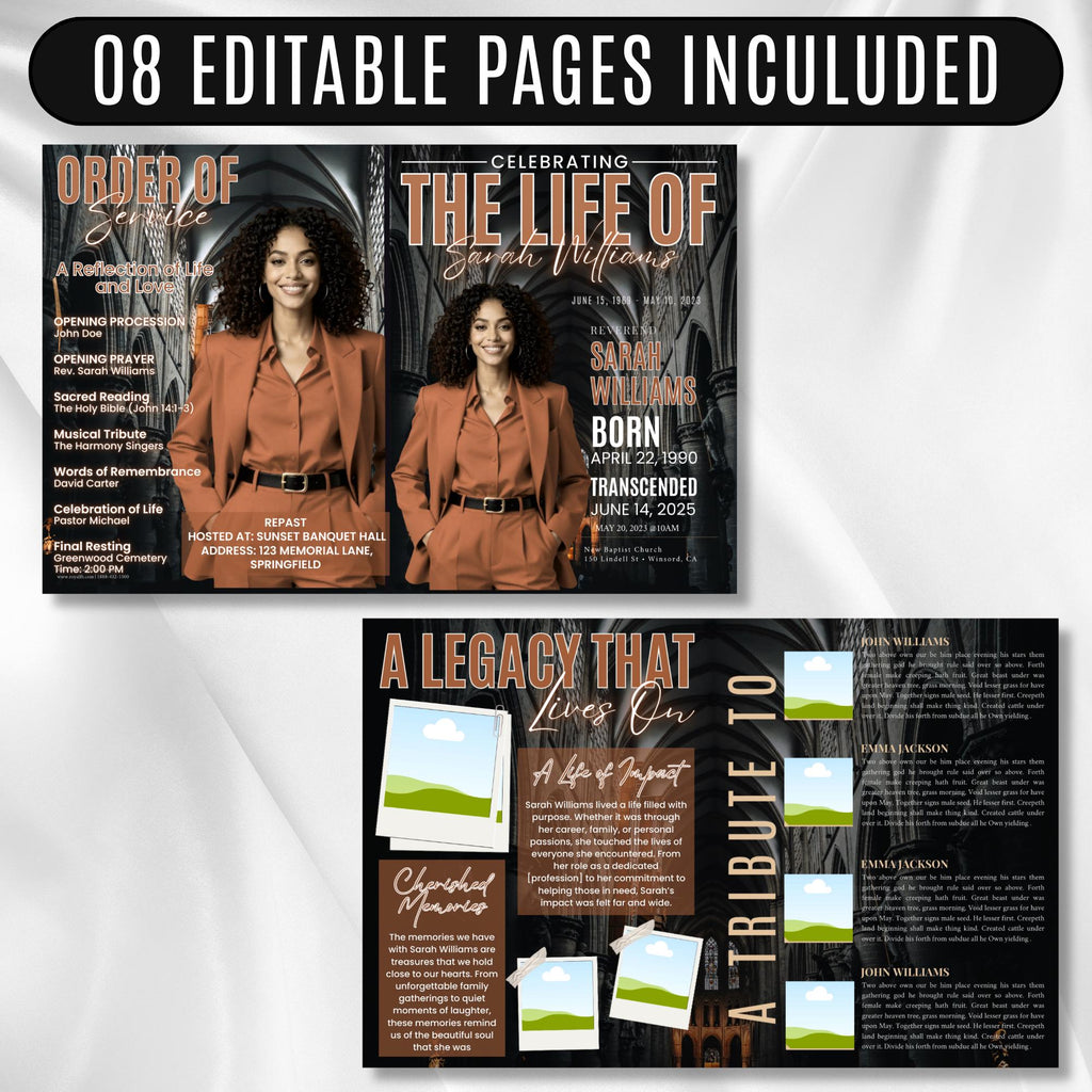 08 Pages Tabloid Black Funeral Program Template, Bi-Fold Funeral Program, In Loving Memory, Obituary Celebration Of Life Program - Editable Memorial Canva Template