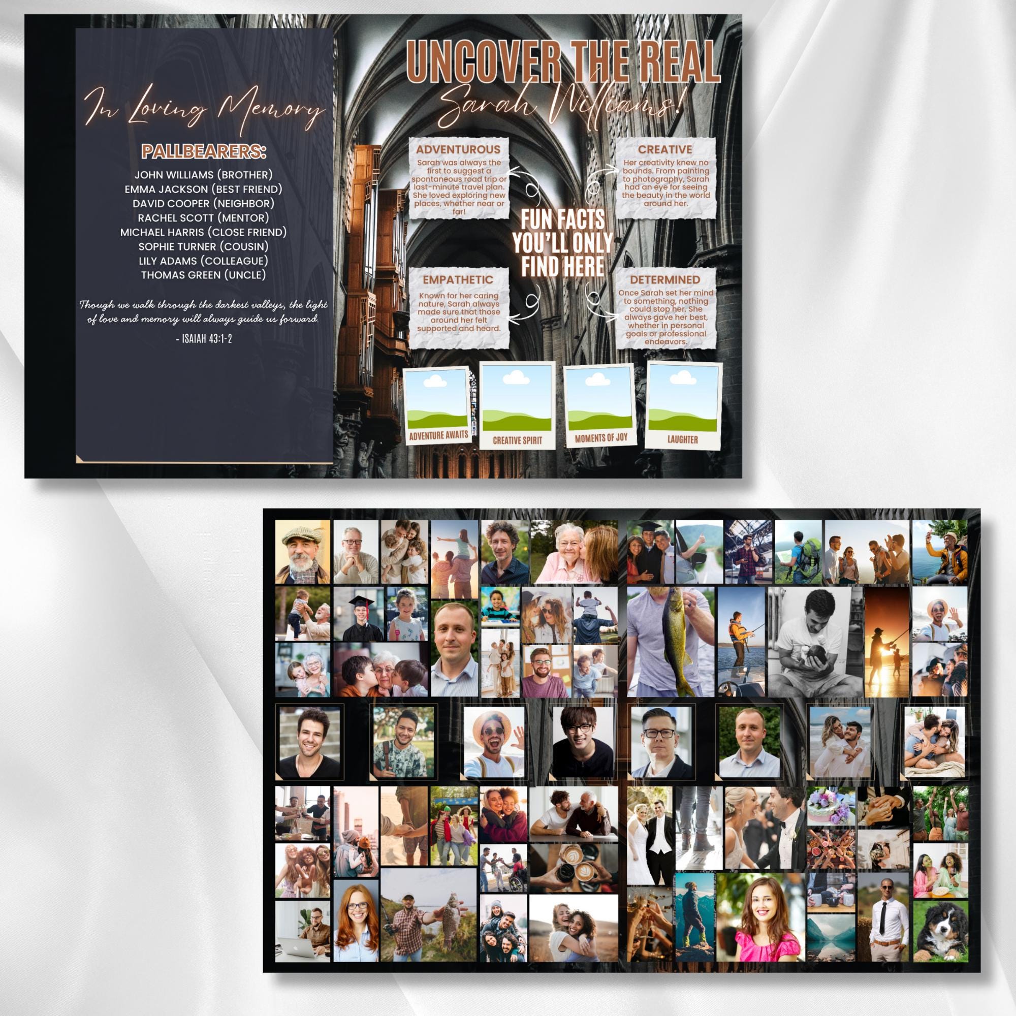 08 Pages Tabloid Black Funeral Program Template, Bi-Fold Funeral Program, In Loving Memory, Obituary Celebration Of Life Program - Editable Memorial Canva Template