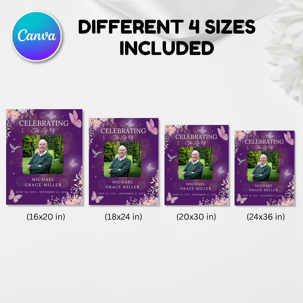 Memorial Purple Funeral Welcome Sign Template, In Loving Memory Template, Editable Celebration of Life Poster, Printable Remembrance Card - Editable Memorial Canva Template