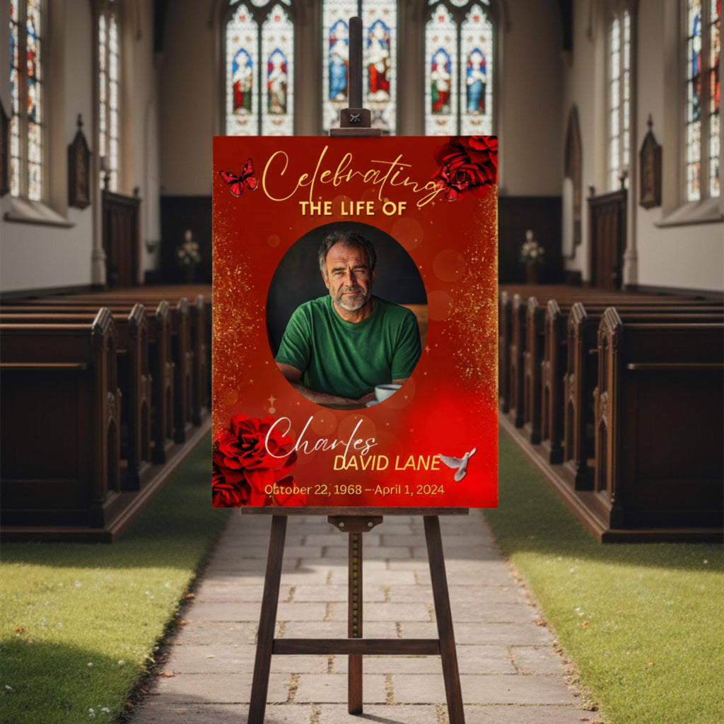 Memorial Red Funeral Welcome Sign Template, In Loving Memory Template, Editable Celebration of Life Poster, Printable Remembrance Card - Editable Memorial Canva Template