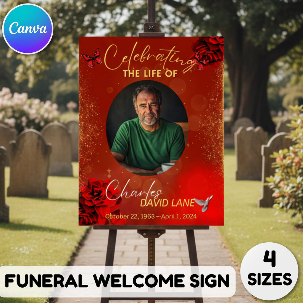 Memorial Red Funeral Welcome Sign Template, In Loving Memory Template, Editable Celebration of Life Poster, Printable Remembrance Card - Editable Memorial Canva Template