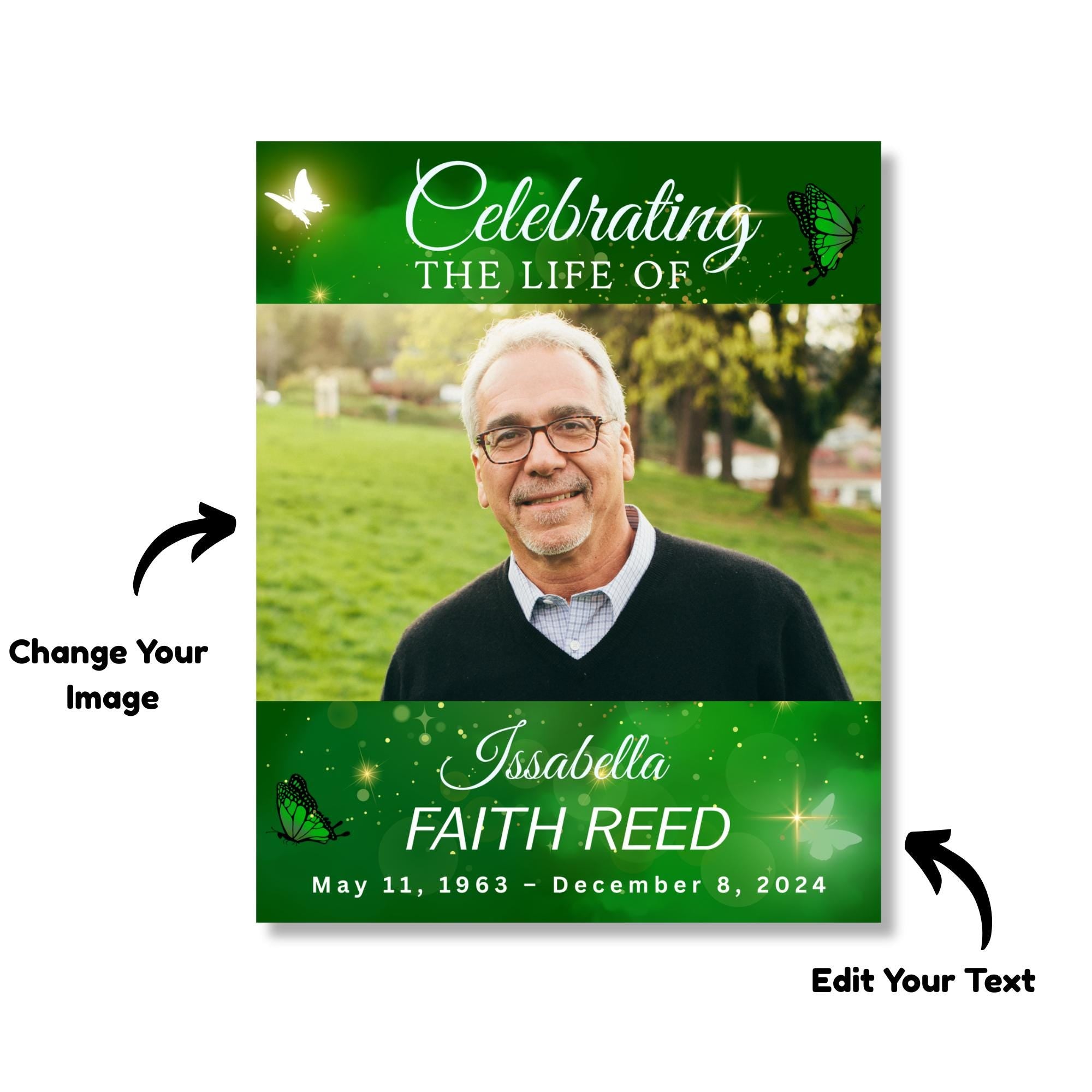 Memorial Green Funeral Welcome Sign Template, In Loving Memory Template, Editable Celebration of Life Poster, Printable Remembrance Card - Editable Memorial Canva Template