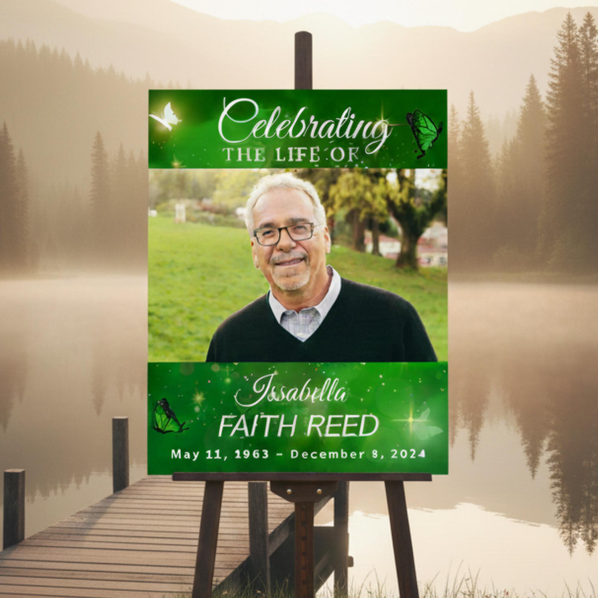 Memorial Green Funeral Welcome Sign Template, In Loving Memory Template, Editable Celebration of Life Poster, Printable Remembrance Card - Editable Memorial Canva Template
