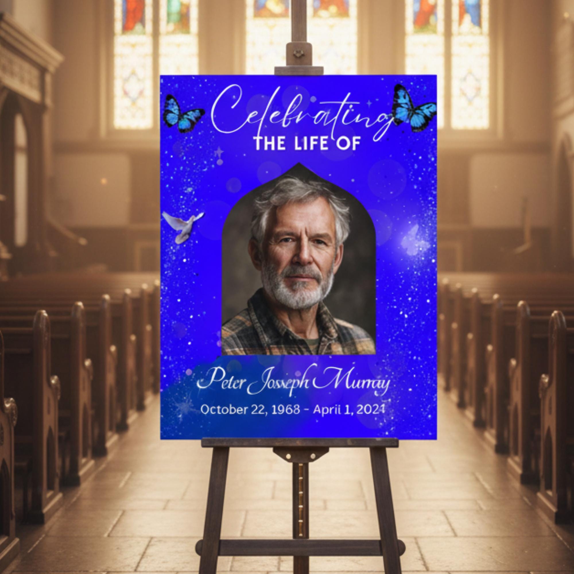 Memorial Blue Funeral Welcome Sign Template, In Loving Memory Template, Editable Celebration of Life Poster, Printable Remembrance Card - Editable Memorial Canva Template