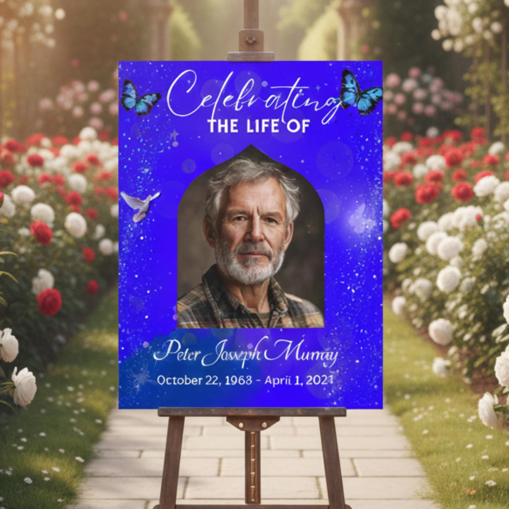 Memorial Blue Funeral Welcome Sign Template, In Loving Memory Template, Editable Celebration of Life Poster, Printable Remembrance Card - Editable Memorial Canva Template