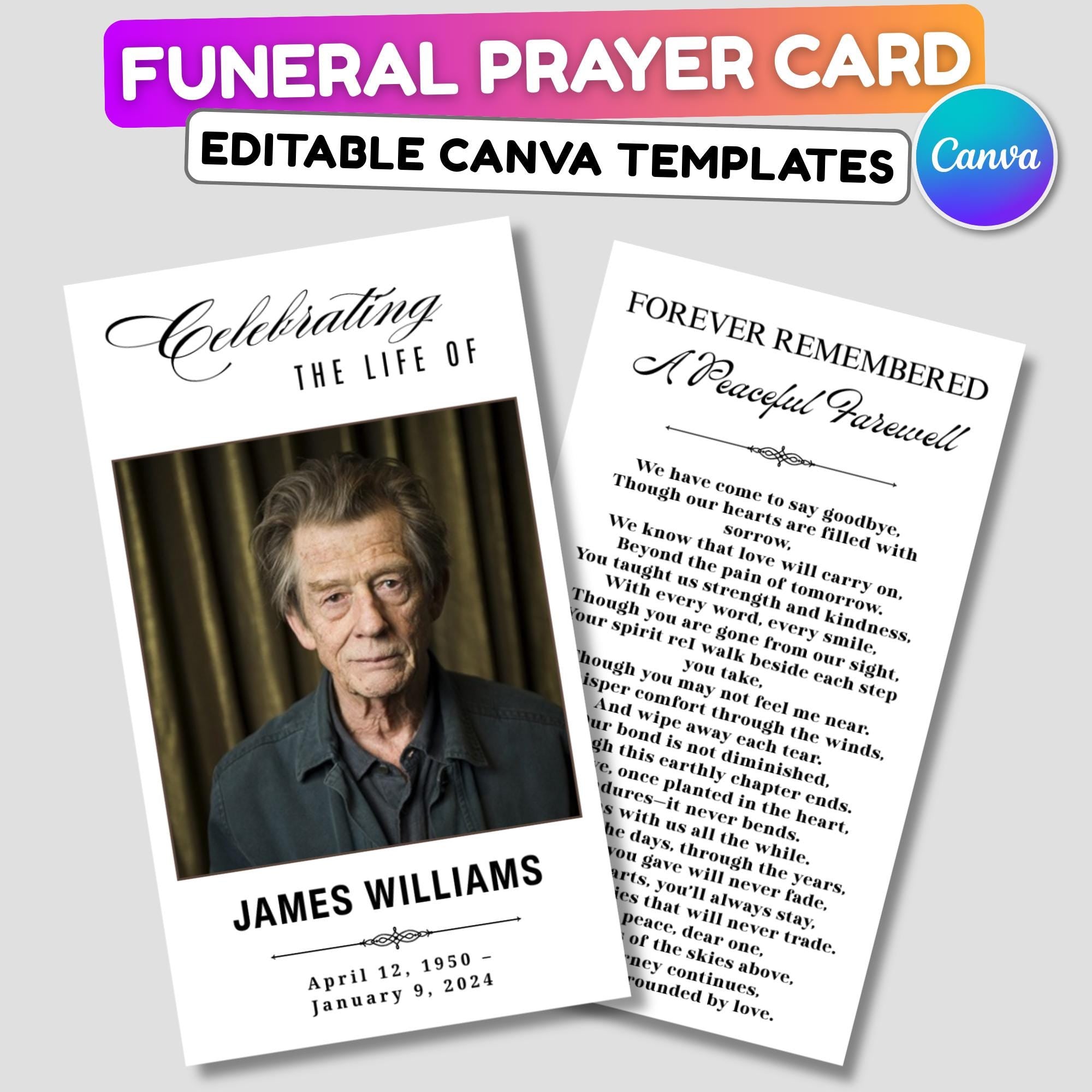 Funeral Prayer Card Canva Editable Template, In Loving Memory Template, Memorial Prayer Card, Printable Funeral Remembrance Card - Editable Memorial Canva Template