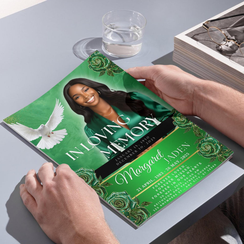 08 Pages Green Roses Lightning Funeral Program Template, Bi-Fold Funeral Program, In Loving Memory, Obituary Celebration Of Life Program - Editable Memorial Canva Template