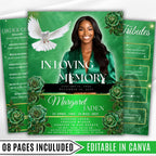 08 Pages Green Roses Lightning Funeral Program Template, Bi-Fold Funeral Program, In Loving Memory, Obituary Celebration Of Life Program - Editable Memorial Canva Template