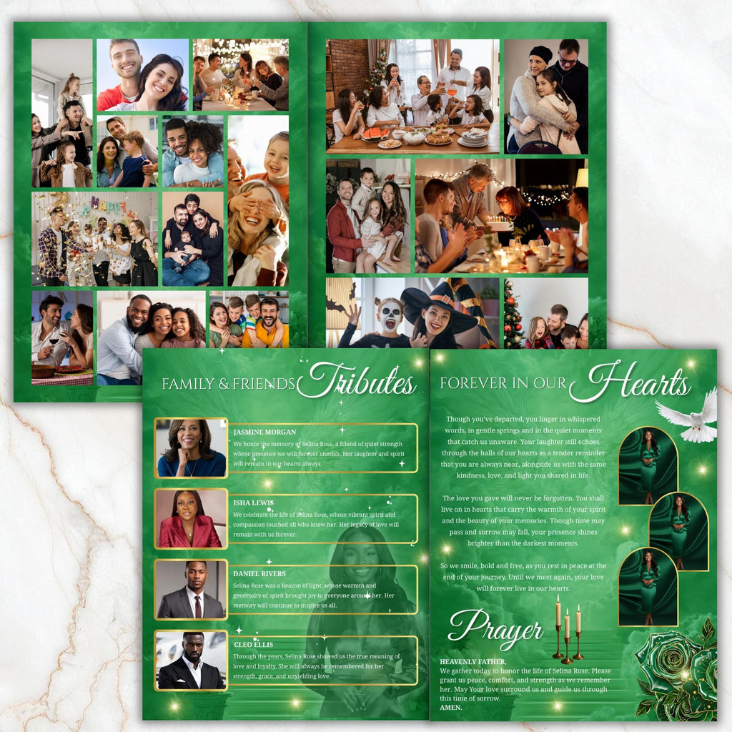 08 Pages Green Roses Lightning Funeral Program Template, Bi-Fold Funeral Program, In Loving Memory, Obituary Celebration Of Life Program - Editable Memorial Canva Template