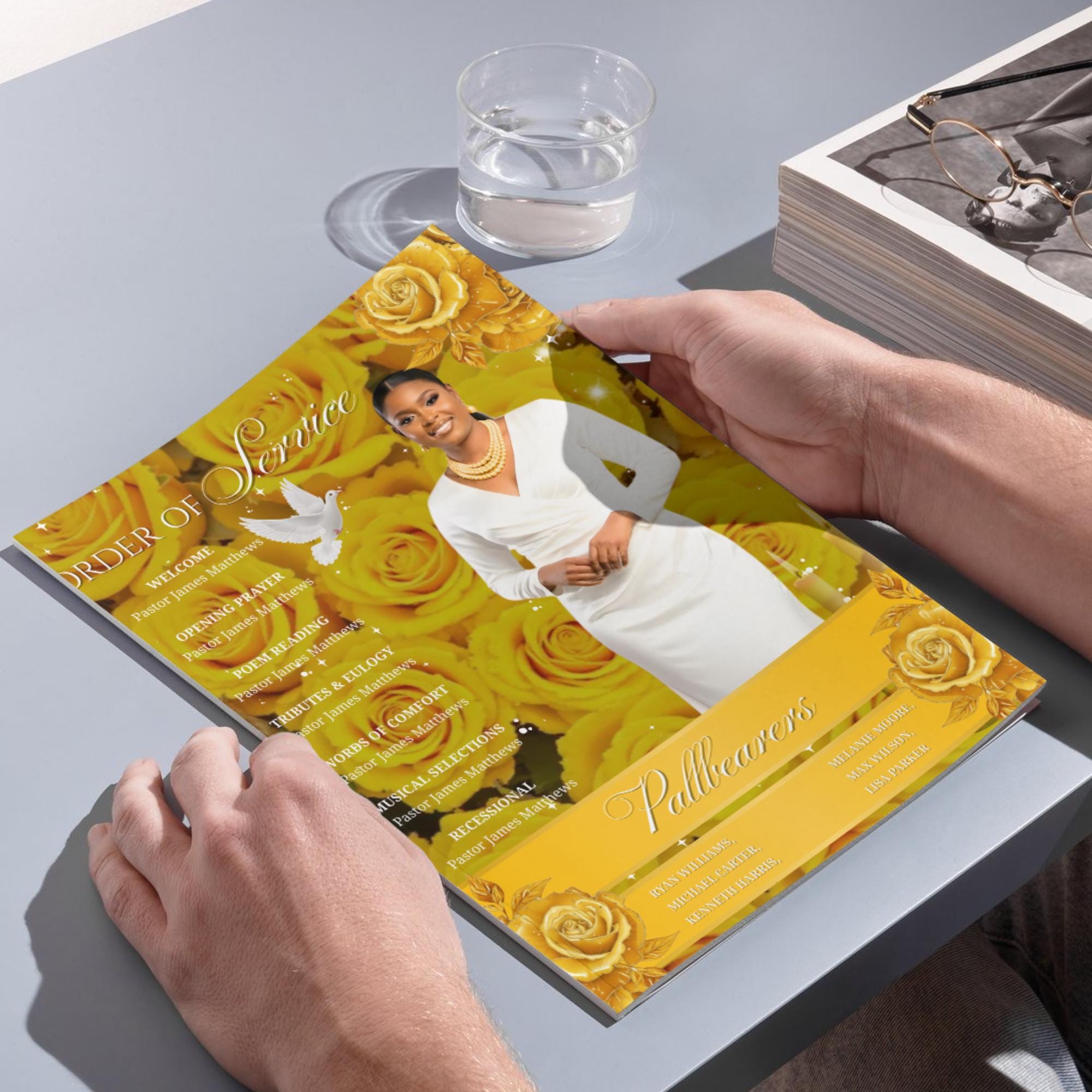08 Pages Yellow Glitter Roses Funeral Program Template, Bi-Fold Funeral Program, In Loving Memory, Obituary Celebration Of Life Program - Editable Memorial Canva Template