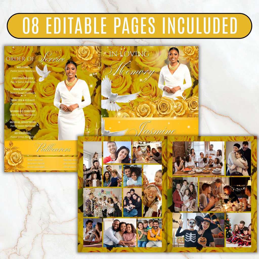 08 Pages Yellow Glitter Roses Funeral Program Template, Bi-Fold Funeral Program, In Loving Memory, Obituary Celebration Of Life Program - Editable Memorial Canva Template