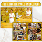 08 Pages Yellow Glitter Roses Funeral Program Template, Bi-Fold Funeral Program, In Loving Memory, Obituary Celebration Of Life Program - Editable Memorial Canva Template