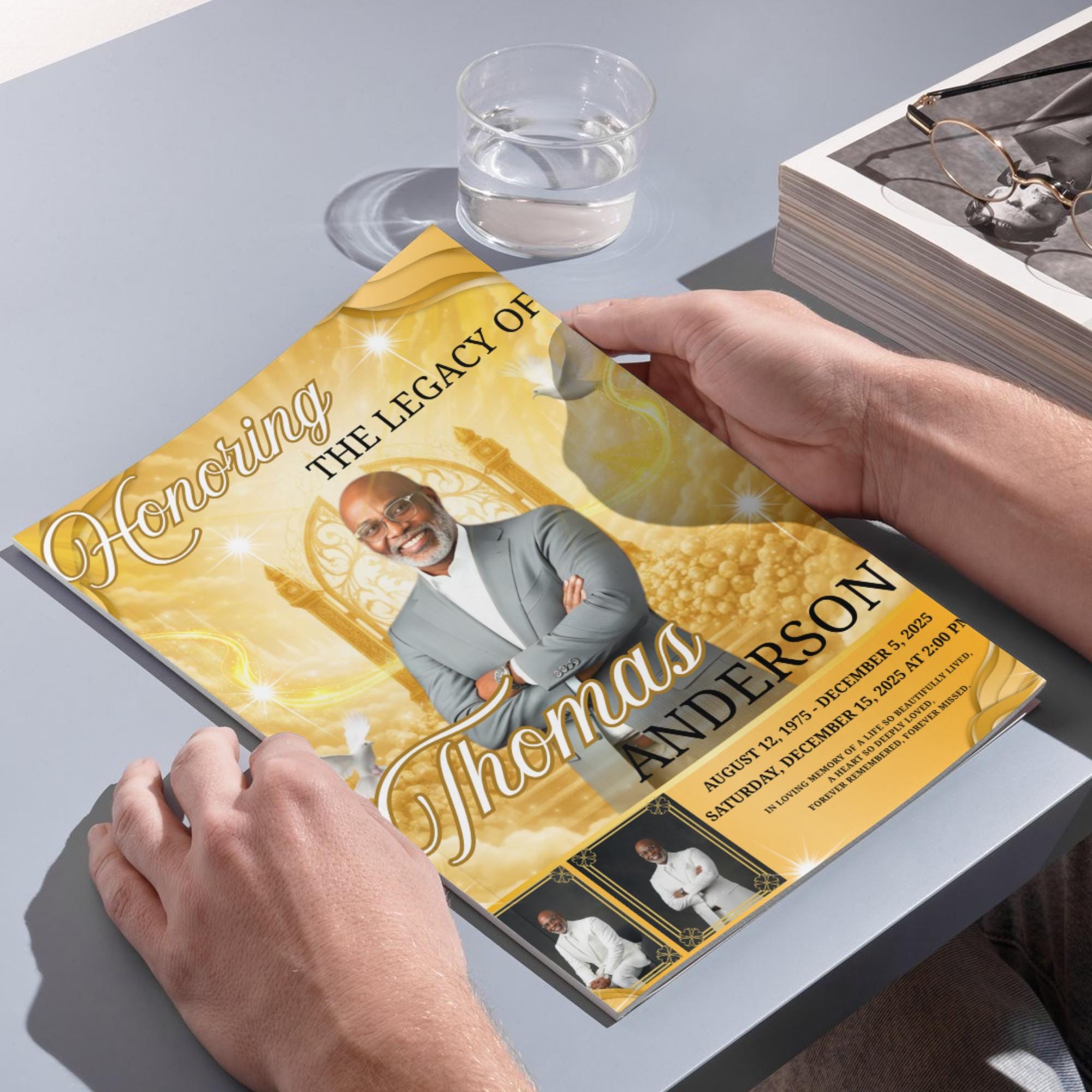 08 Pages Yellow Heaven Background Funeral Program Template, Bi-Fold Funeral Program, In Loving Memory, Obituary Celebration Of Life Program - Editable Memorial Canva Template