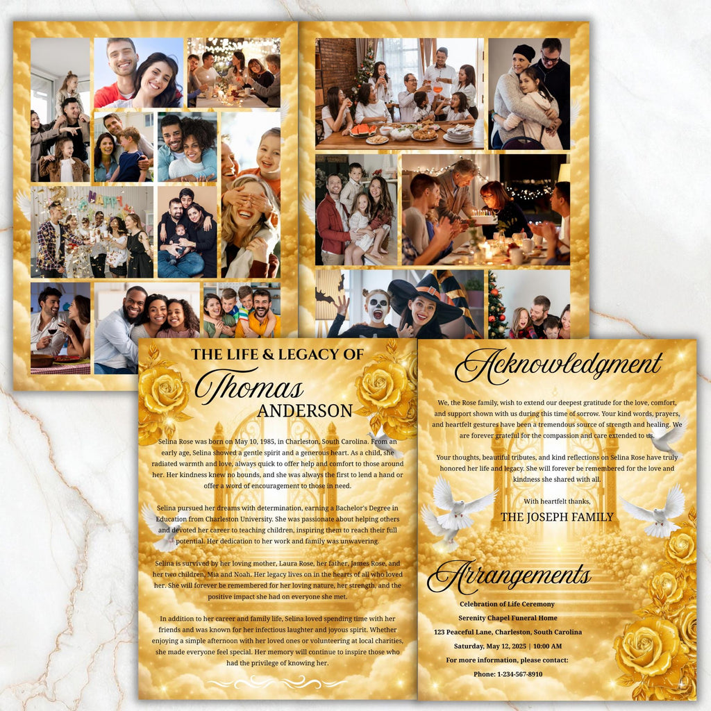 08 Pages Yellow Heaven Background Funeral Program Template, Bi-Fold Funeral Program, In Loving Memory, Obituary Celebration Of Life Program - Editable Memorial Canva Template