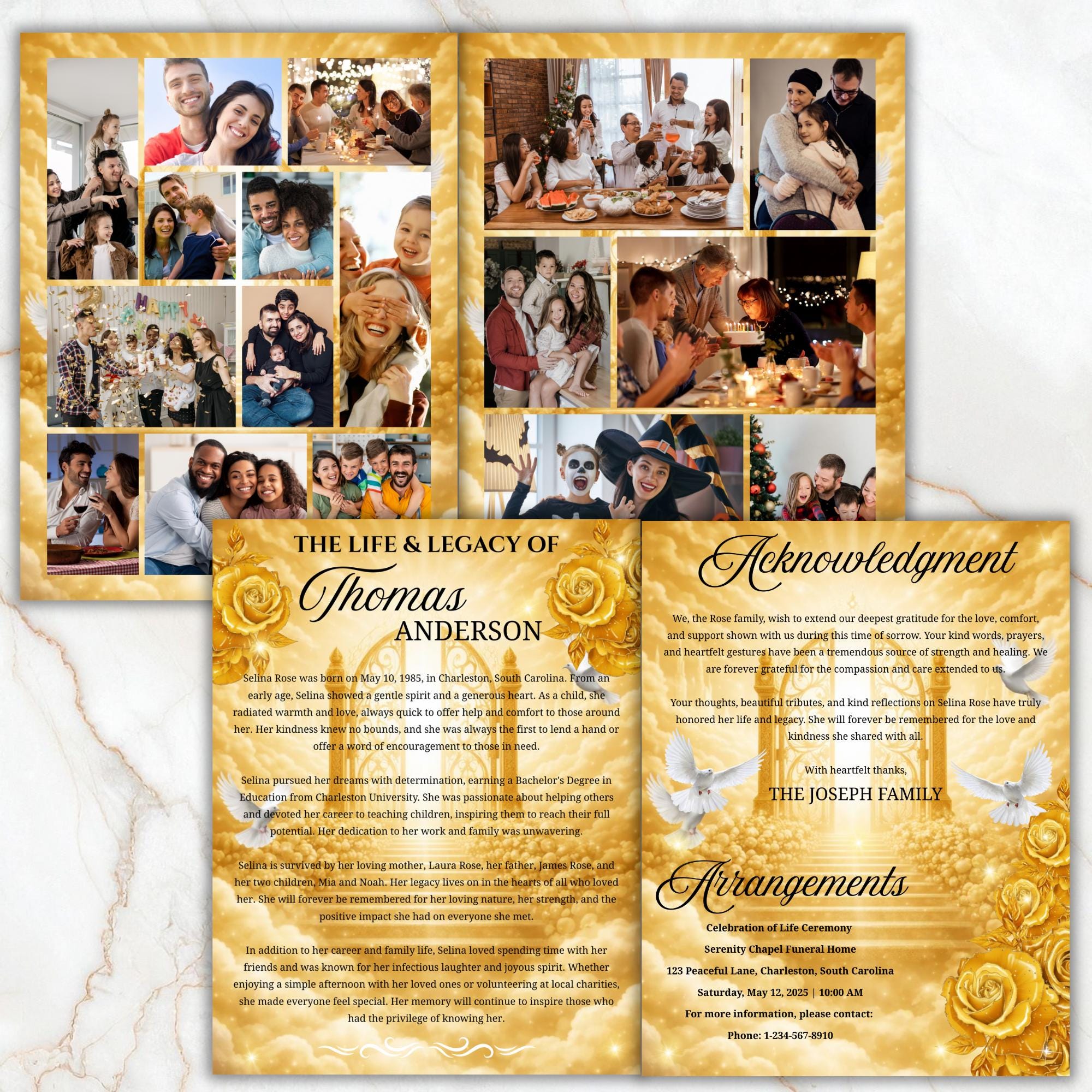 08 Pages Yellow Heaven Background Funeral Program Template, Bi-Fold Funeral Program, In Loving Memory, Obituary Celebration Of Life Program - Editable Memorial Canva Template