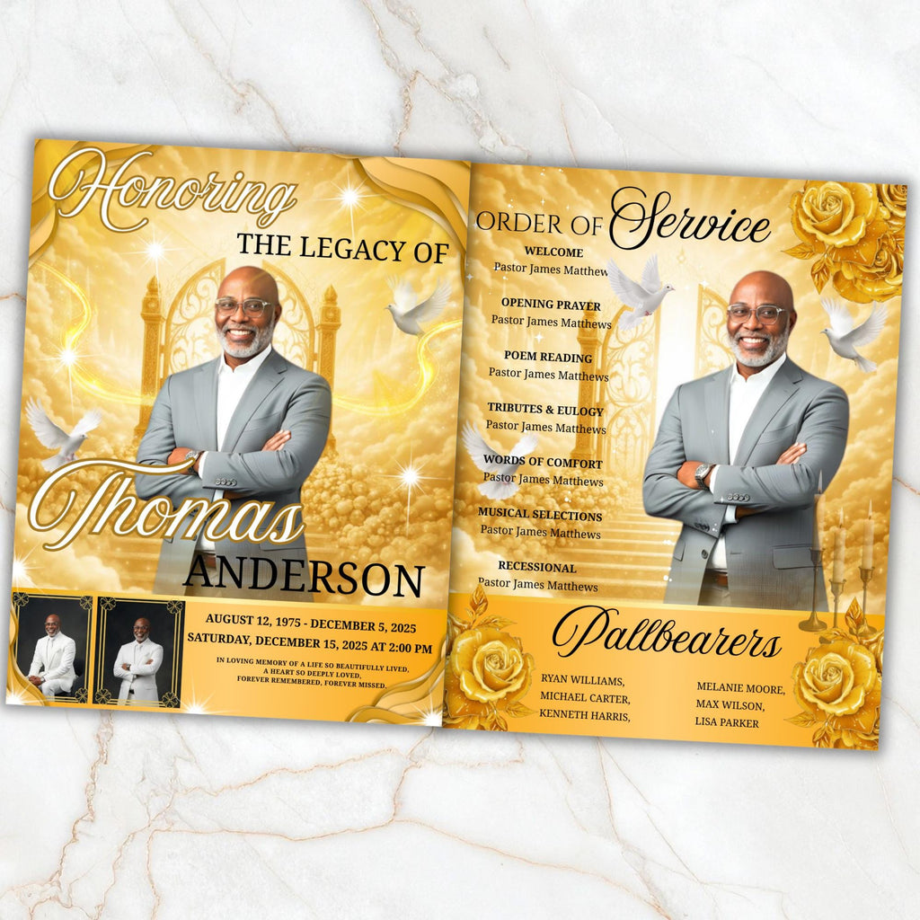 08 Pages Yellow Heaven Background Funeral Program Template, Bi-Fold Funeral Program, In Loving Memory, Obituary Celebration Of Life Program - Editable Memorial Canva Template