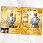 08 Pages Yellow Heaven Background Funeral Program Template, Bi-Fold Funeral Program, In Loving Memory, Obituary Celebration Of Life Program - Editable Memorial Canva Template