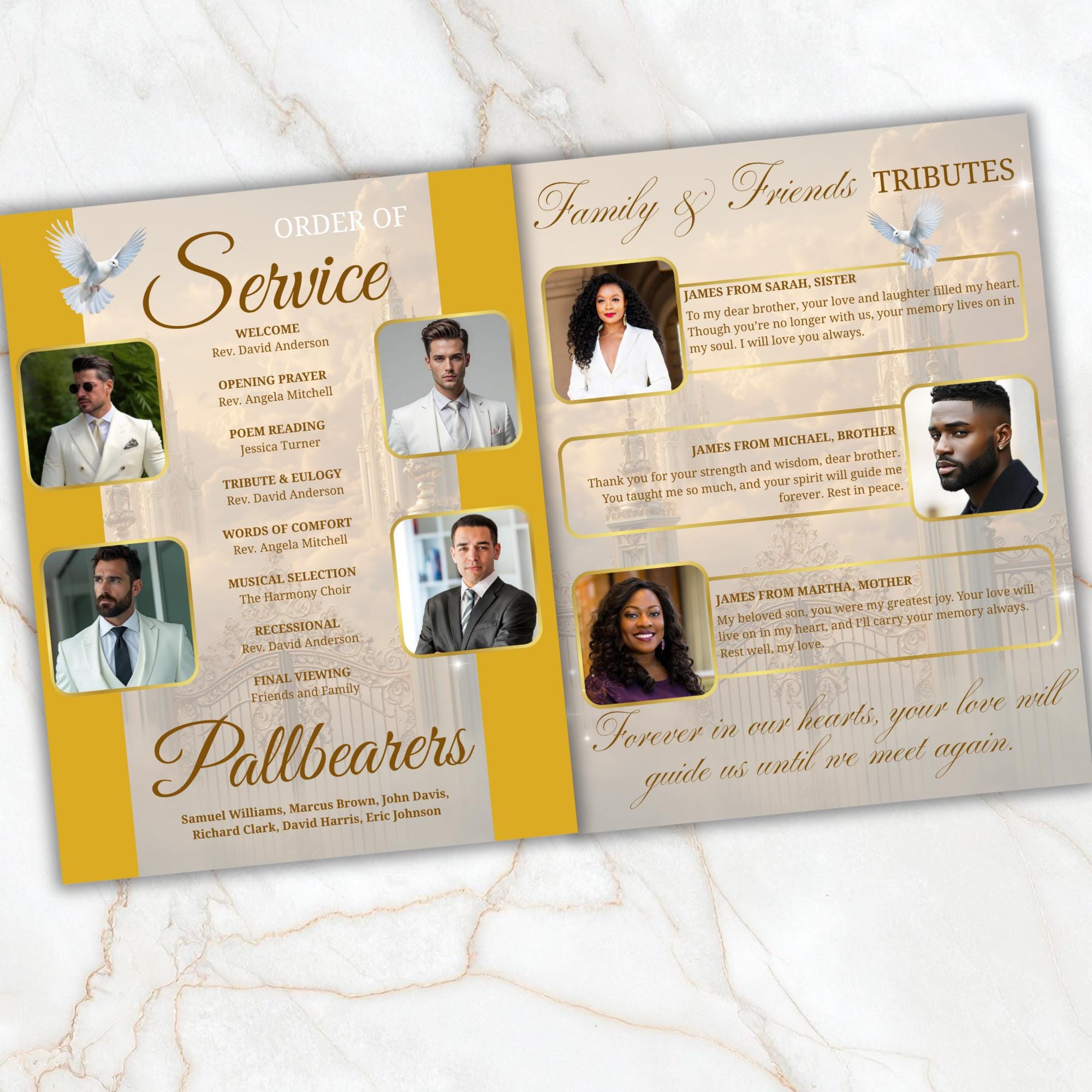 08 Pages Yellow Heaven Clouds Funeral Program Template, Bi-Fold Funeral Program, In Loving Memory, Obituary Celebration Of Life Program - Editable Memorial Canva Template