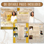 08 Pages Yellow Heaven Clouds Funeral Program Template, Bi-Fold Funeral Program, In Loving Memory, Obituary Celebration Of Life Program - Editable Memorial Canva Template
