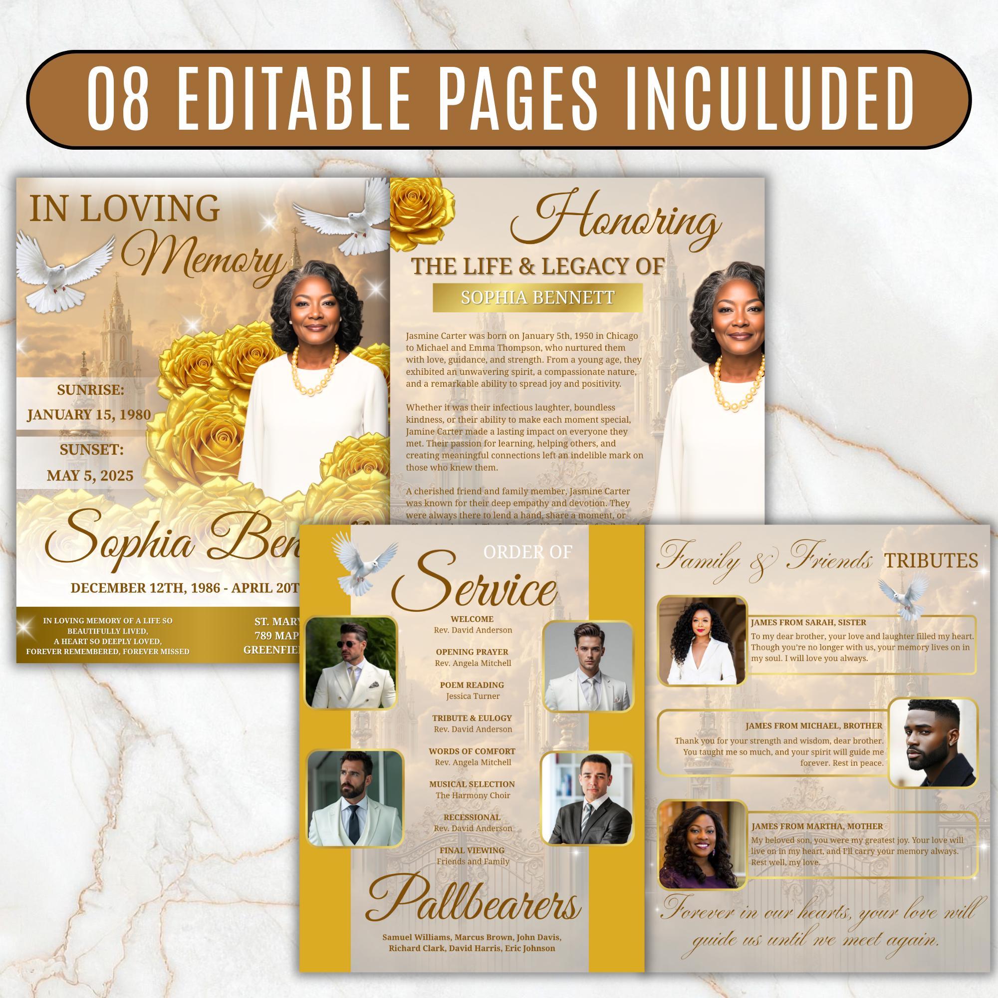 08 Pages Yellow Heaven Clouds Funeral Program Template, Bi-Fold Funeral Program, In Loving Memory, Obituary Celebration Of Life Program - Editable Memorial Canva Template