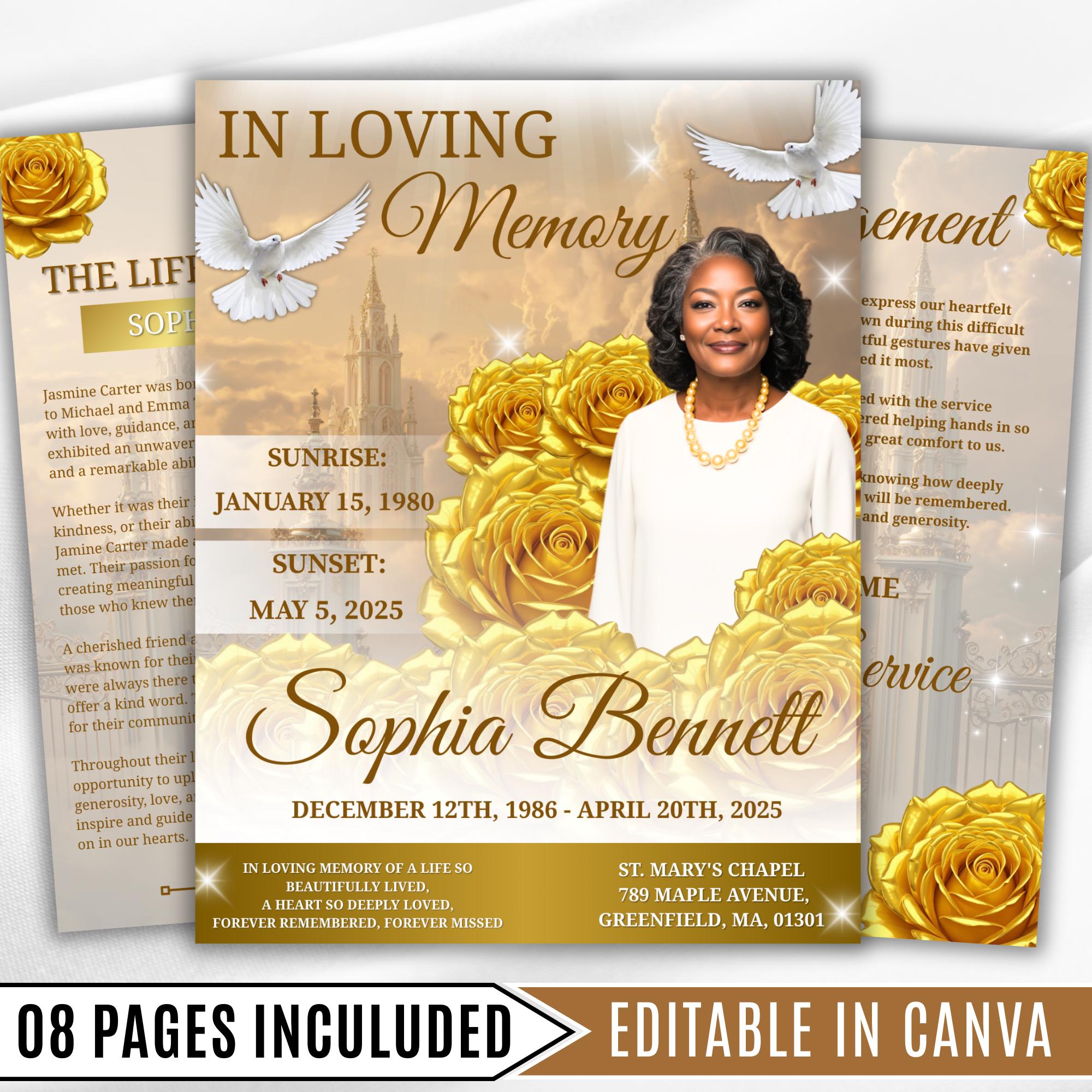 08 Pages Yellow Heaven Clouds Funeral Program Template, Bi-Fold Funeral Program, In Loving Memory, Obituary Celebration Of Life Program - Editable Memorial Canva Template