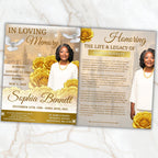 08 Pages Yellow Heaven Clouds Funeral Program Template, Bi-Fold Funeral Program, In Loving Memory, Obituary Celebration Of Life Program - Editable Memorial Canva Template