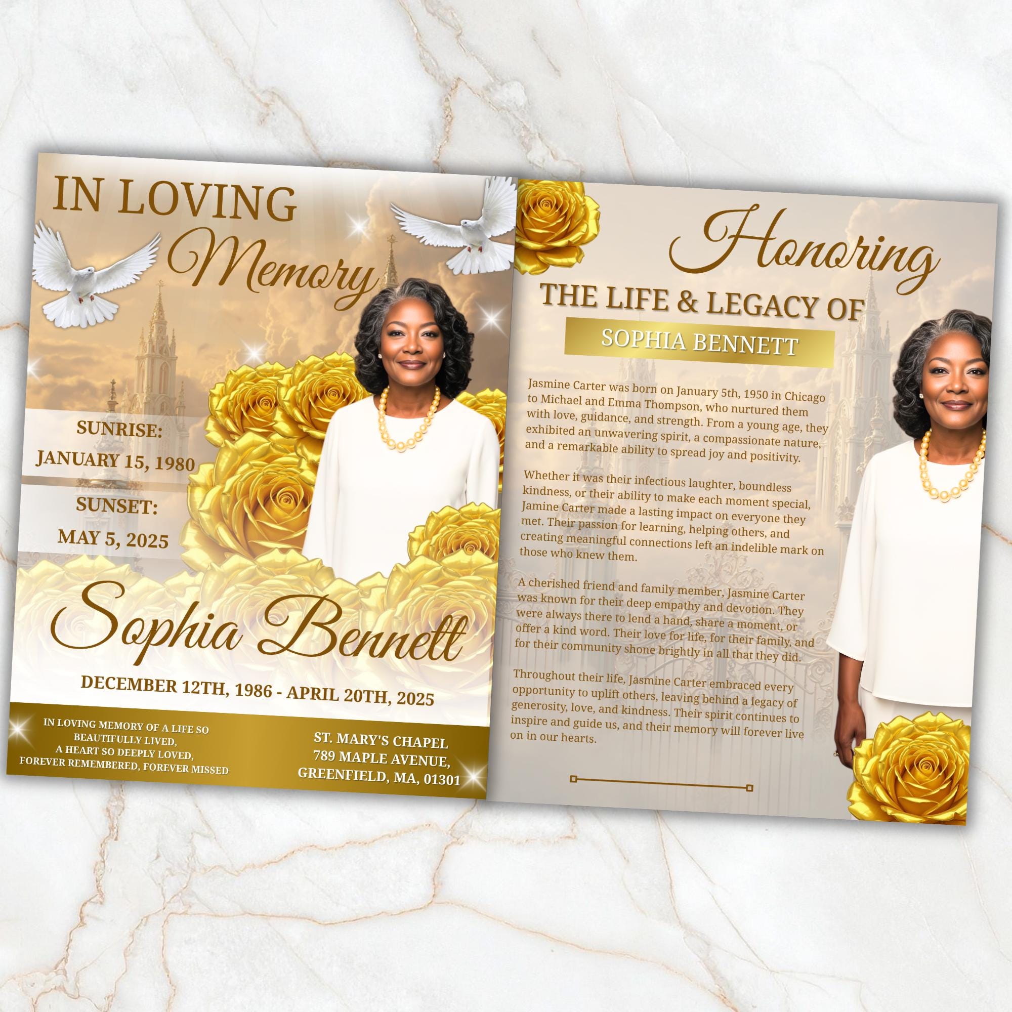 08 Pages Yellow Heaven Clouds Funeral Program Template, Bi-Fold Funeral Program, In Loving Memory, Obituary Celebration Of Life Program - Editable Memorial Canva Template