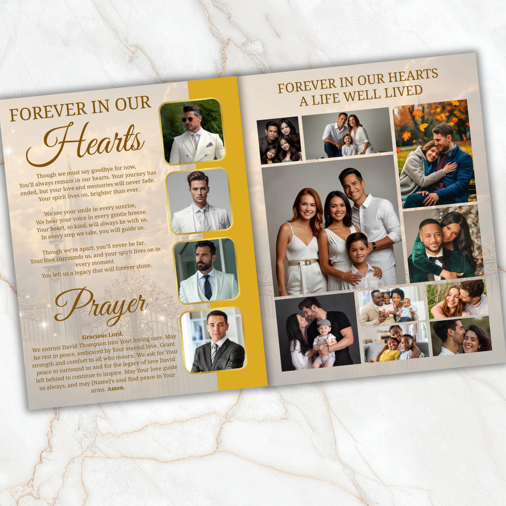 08 Pages Yellow Heaven Clouds Funeral Program Template, Bi-Fold Funeral Program, In Loving Memory, Obituary Celebration Of Life Program - Editable Memorial Canva Template