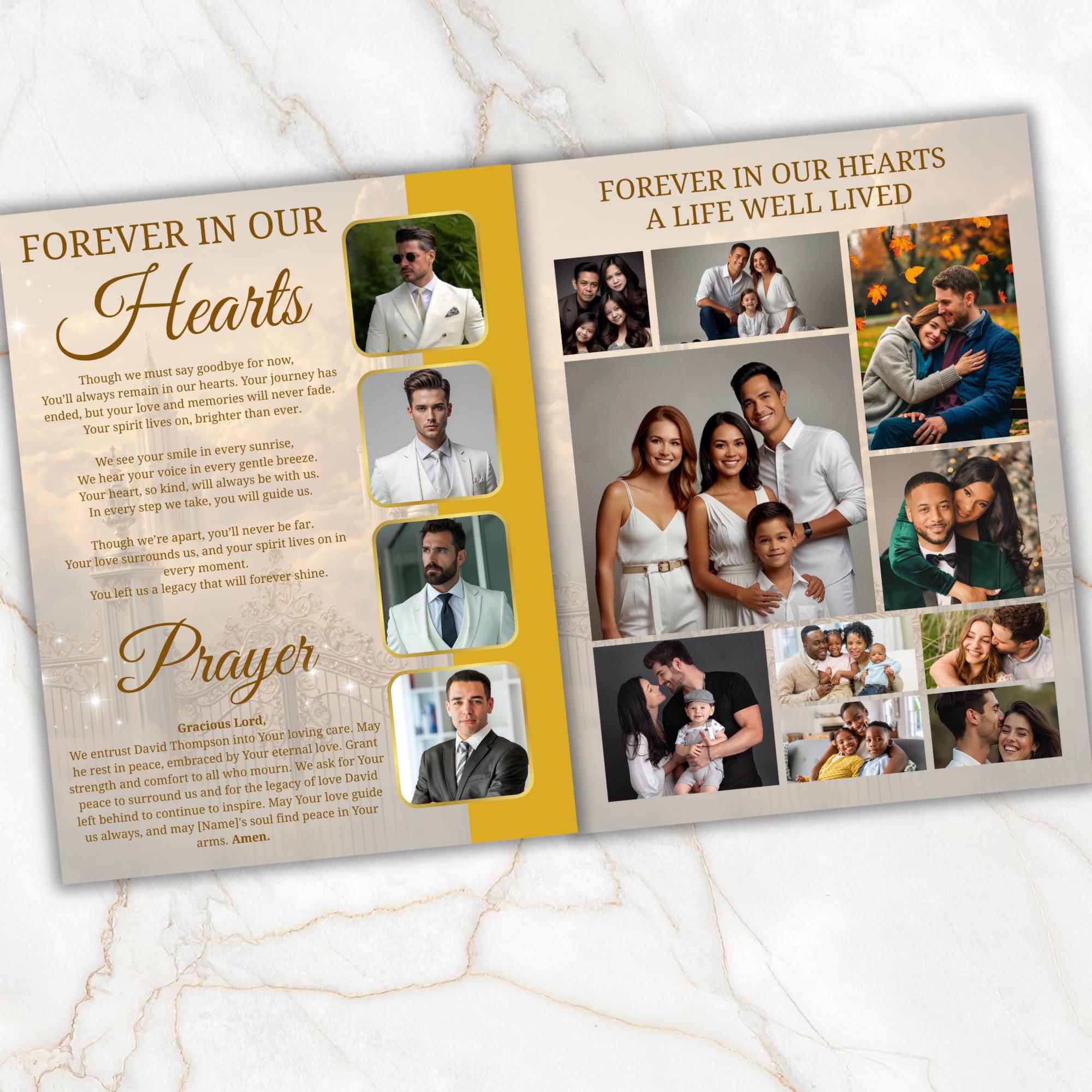 08 Pages Yellow Heaven Clouds Funeral Program Template, Bi-Fold Funeral Program, In Loving Memory, Obituary Celebration Of Life Program - Editable Memorial Canva Template