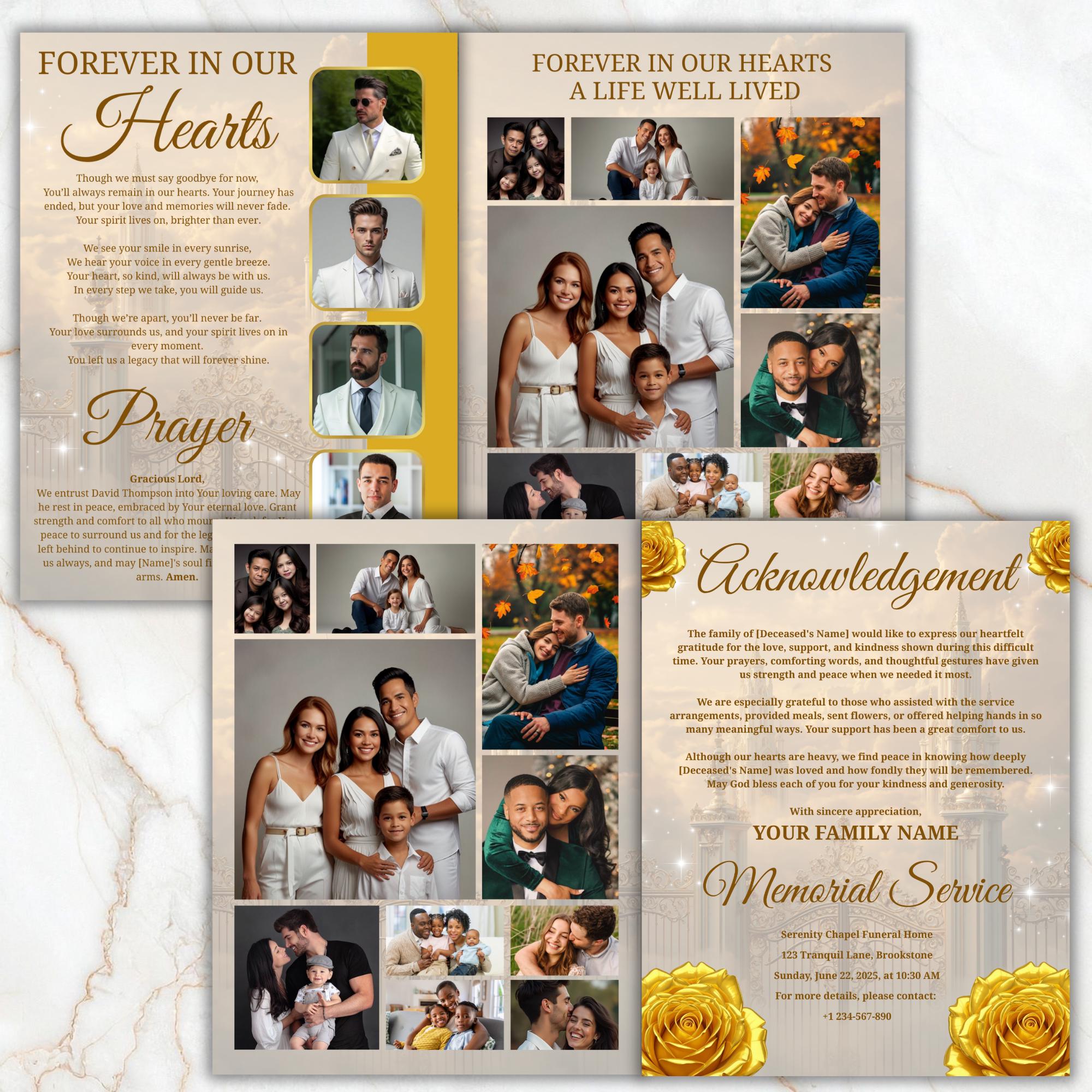 08 Pages Yellow Heaven Clouds Funeral Program Template, Bi-Fold Funeral Program, In Loving Memory, Obituary Celebration Of Life Program - Editable Memorial Canva Template
