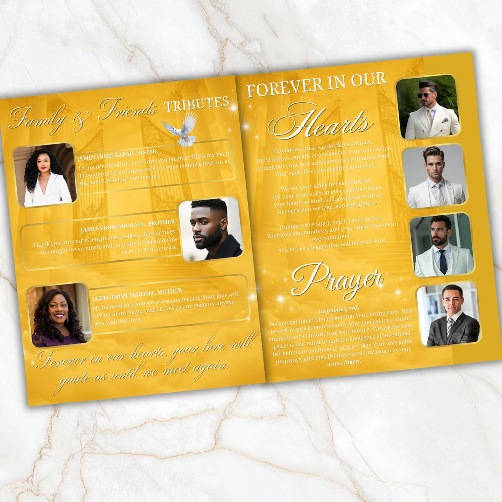08 Pages Yellow Heaven Gate Funeral Program Template, Bi-Fold Funeral Program, In Loving Memory, Obituary Celebration Of Life Program - Editable Memorial Canva Template