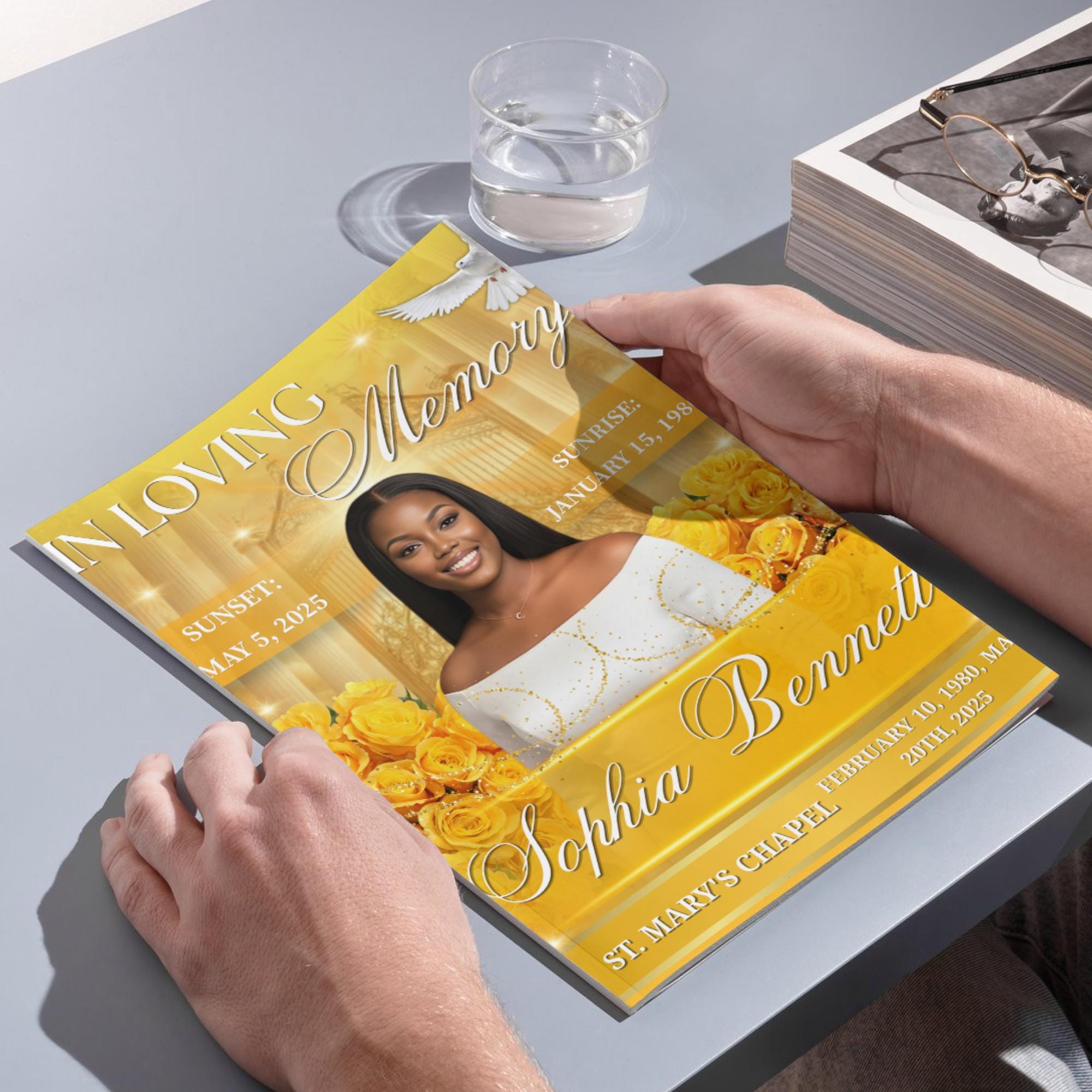 08 Pages Yellow Heaven Gate Funeral Program Template, Bi-Fold Funeral Program, In Loving Memory, Obituary Celebration Of Life Program - Editable Memorial Canva Template
