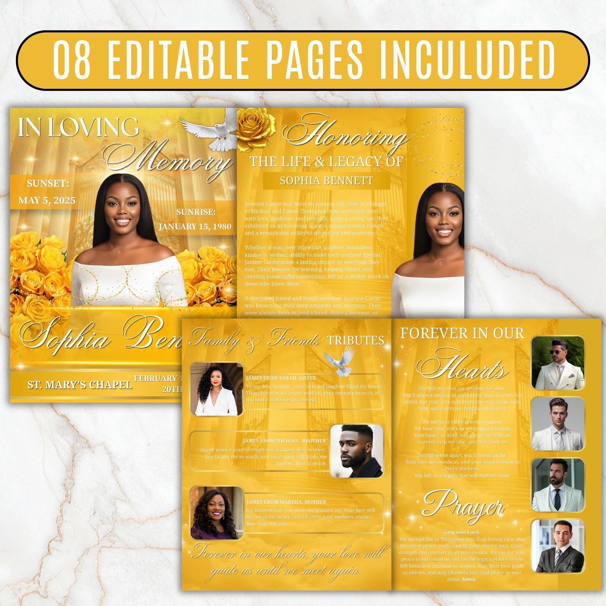 08 Pages Yellow Heaven Gate Funeral Program Template, Bi-Fold Funeral Program, In Loving Memory, Obituary Celebration Of Life Program - Editable Memorial Canva Template