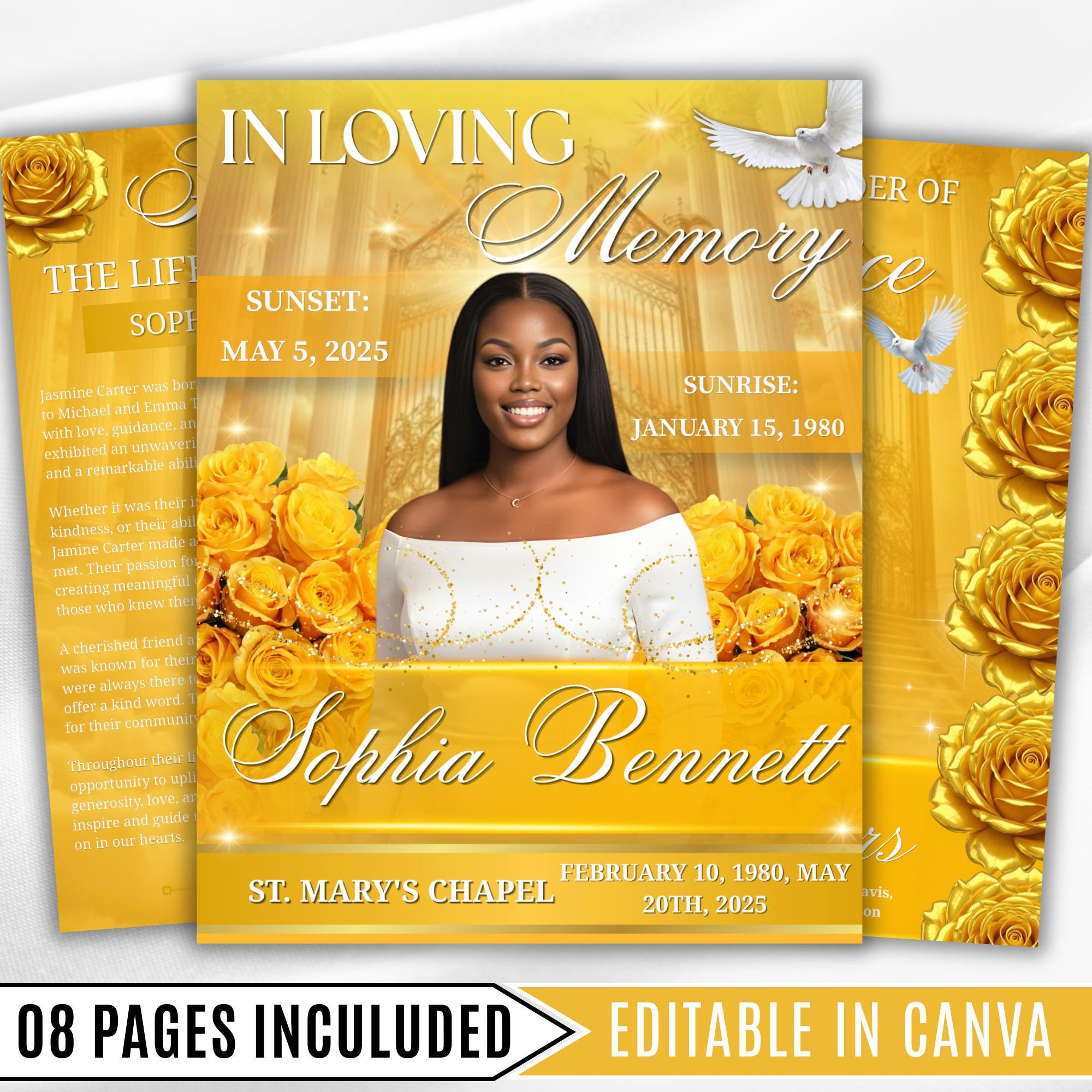 08 Pages Yellow Heaven Gate Funeral Program Template, Bi-Fold Funeral Program, In Loving Memory, Obituary Celebration Of Life Program - Editable Memorial Canva Template