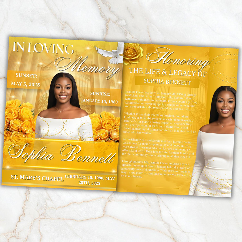 08 Pages Yellow Heaven Gate Funeral Program Template, Bi-Fold Funeral Program, In Loving Memory, Obituary Celebration Of Life Program - Editable Memorial Canva Template