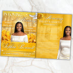 08 Pages Yellow Heaven Gate Funeral Program Template, Bi-Fold Funeral Program, In Loving Memory, Obituary Celebration Of Life Program - Editable Memorial Canva Template