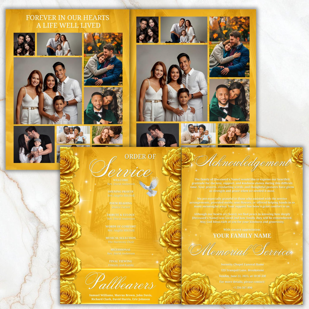 08 Pages Yellow Heaven Gate Funeral Program Template, Bi-Fold Funeral Program, In Loving Memory, Obituary Celebration Of Life Program - Editable Memorial Canva Template