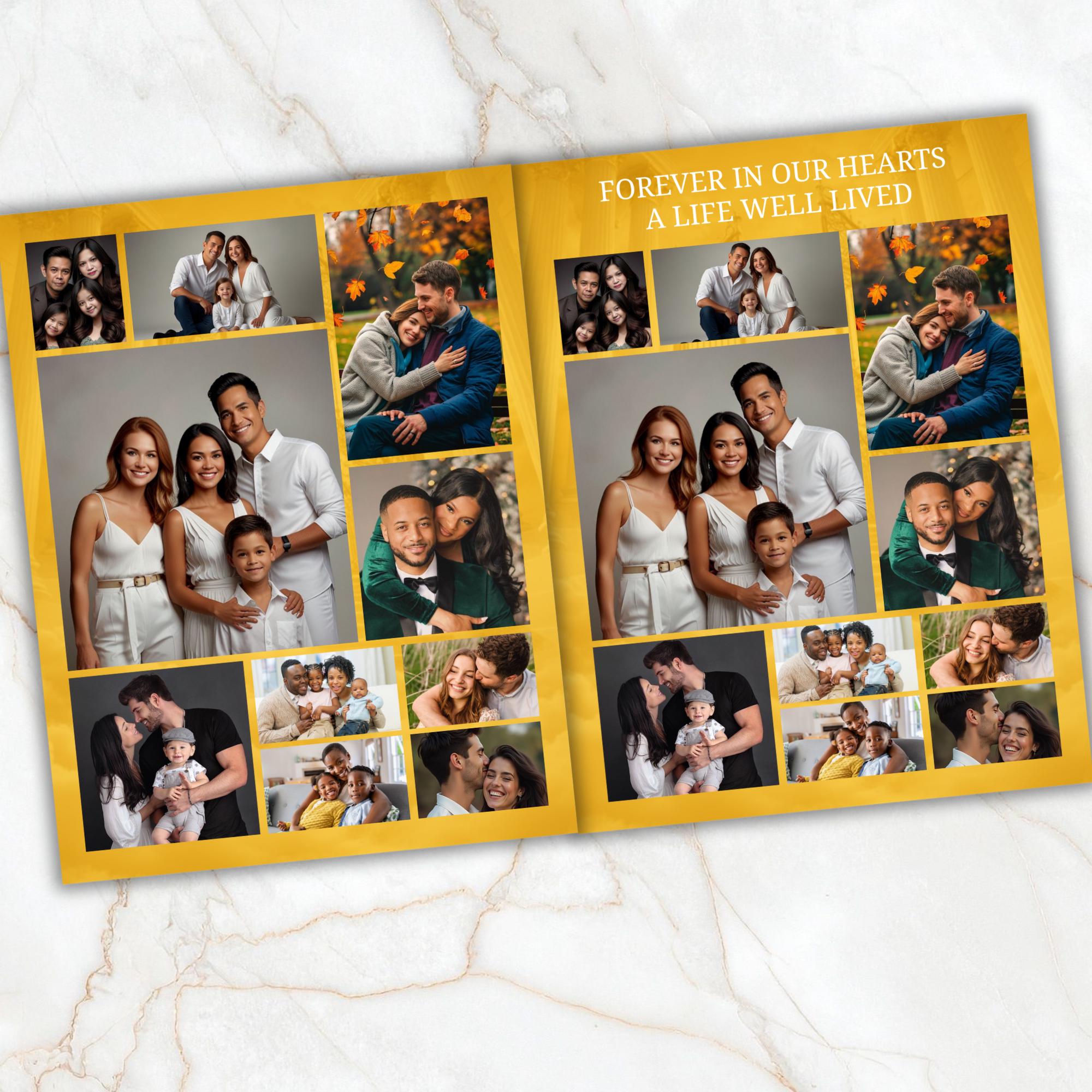 08 Pages Yellow Heaven Gate Funeral Program Template, Bi-Fold Funeral Program, In Loving Memory, Obituary Celebration Of Life Program - Editable Memorial Canva Template