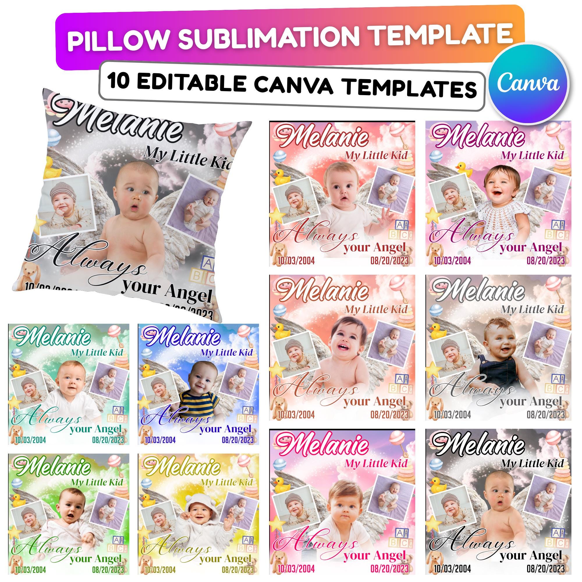 10 Memorial Pillow Sublimation Canva Editable Template, My Little Kid Pillow Template, In Loving Memory, Obituary Celebration Of Life - Editable Memorial Canva Template