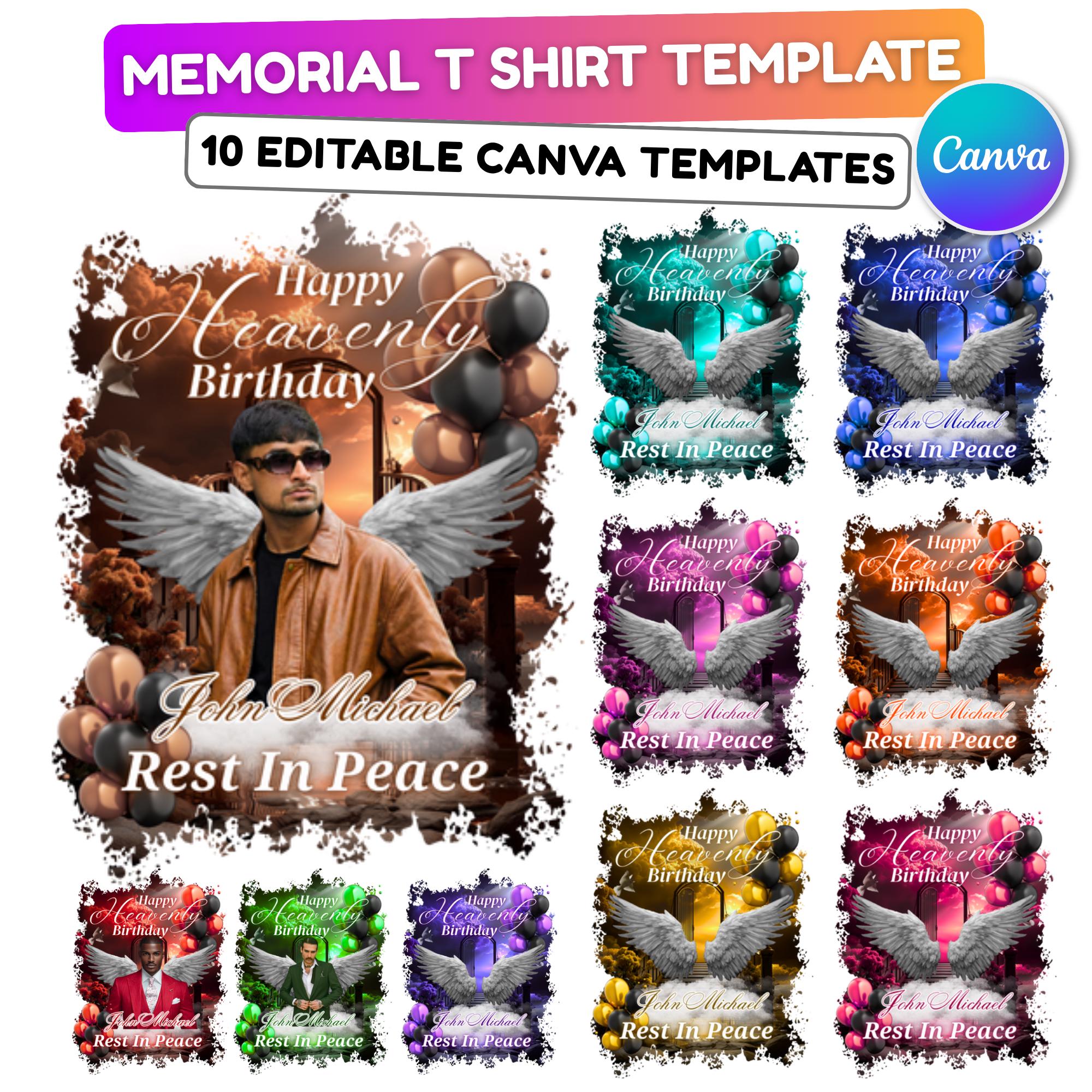 10 Happy Heavenly Bithday T Shirt Canva Editable Templates, In Loving Memory Templates, Memorial Canva Template, Digital Download - Editable Memorial Canva Template