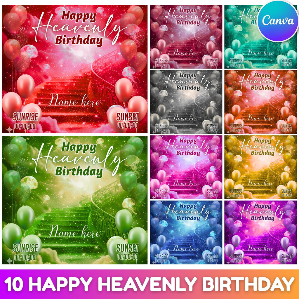 10 Happy Heavenly Birthday Editable Canva Template, Birthday Memorial Template, Celebration of Life Design, Rest In Peace, Digital Download - Editable Memorial Canva Template
