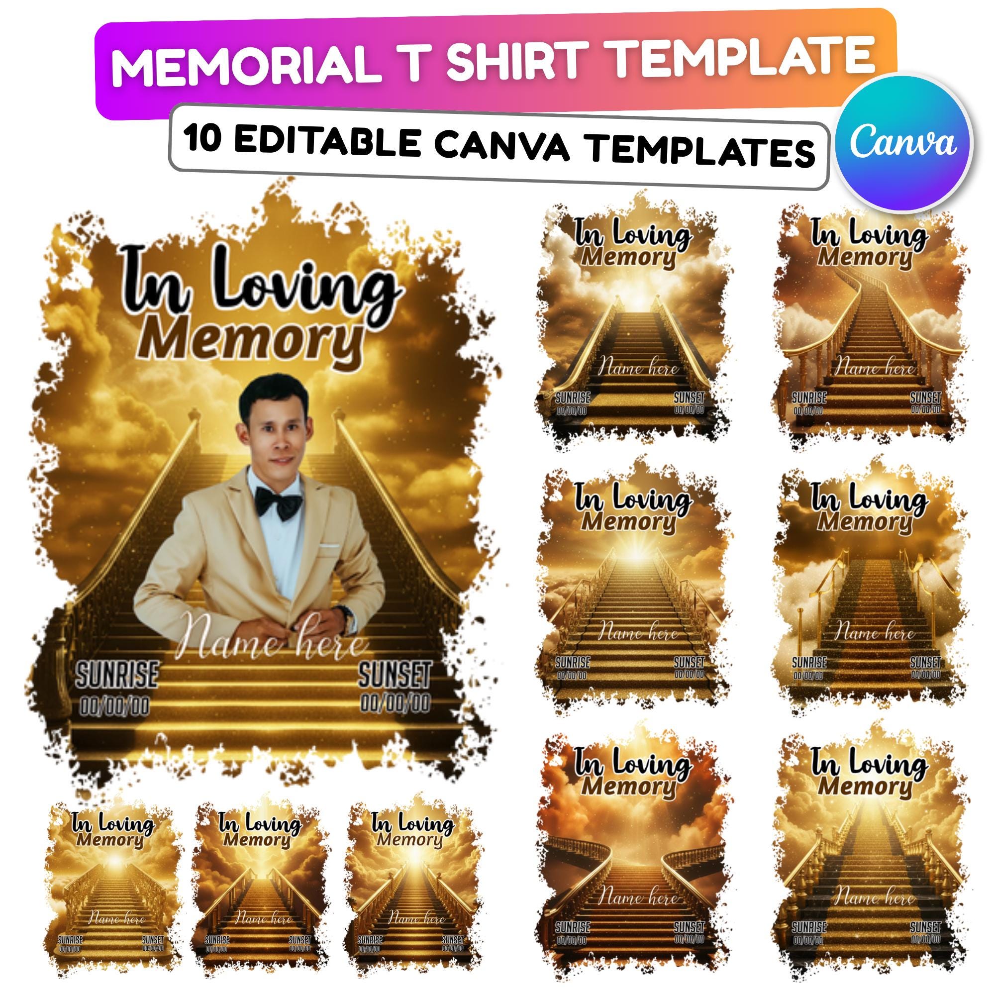 10 Golden Memorial T Shirt Canva Editable Templates, In Loving Memory Editable Templates, Memorial Canva T Shirt Template, Digital Download - Editable Memorial Canva Template