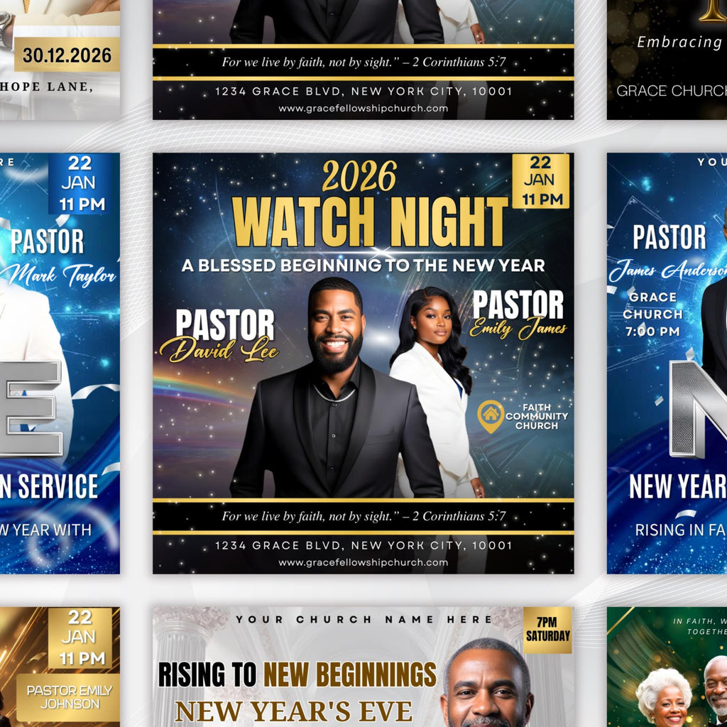 New Year’s Eve Church Flyer Canva Editable Templates, Canva Church Template, NYE Flyer Template, Religious Event Flyer, Praise and Worship - Editable Memorial Canva Template