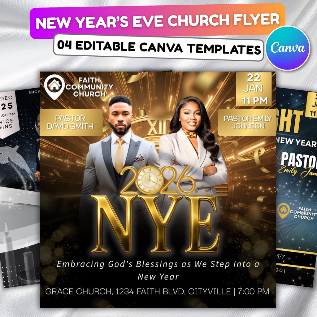 New Year’s Eve Church Flyer Canva Editable Templates, Canva Church Template, NYE Flyer Template, Religious Event Flyer, Praise and Worship - Editable Memorial Canva Template